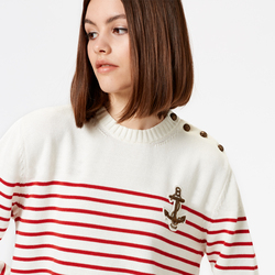 WOMEN COTTON MARINIÈRE, MILK WHITE / RED, SIZE M