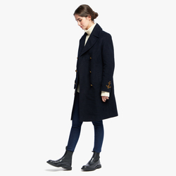 WOOL BLEND LONG WOMEN PEACOAT, DARK NAVY, SIZE 40