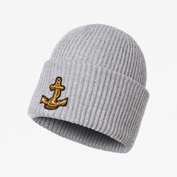 WOOL BEANIE WITH ANCHOR PATCH, GREY, ONE SIZE
