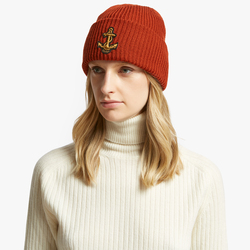 WOOL BEANIE WITH ANCHOR PATCH, RUST, ONE SIZE