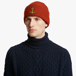 WOOL BEANIE WITH ANCHOR PATCH, RUST, ONE SIZE