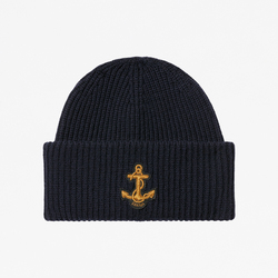 WOOL BEANIE WITH ANCHOR PATCH, DARK NAVY, ONE SIZE