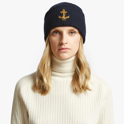 WOOL BEANIE WITH ANCHOR PATCH, DARK NAVY, ONE SIZE