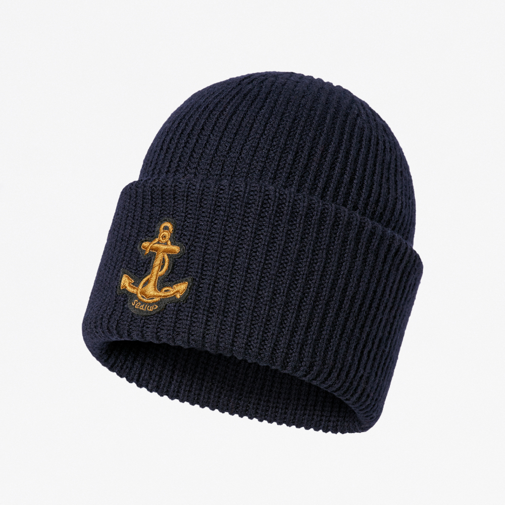 WOOL BEANIE WITH ANCHOR PATCH, DARK NAVY, ONE SIZE
